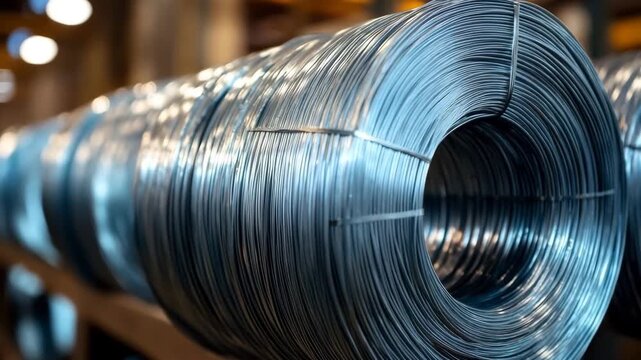 Rows of shiny metal wire coils stored on industrial shelving in a factory warehouse
