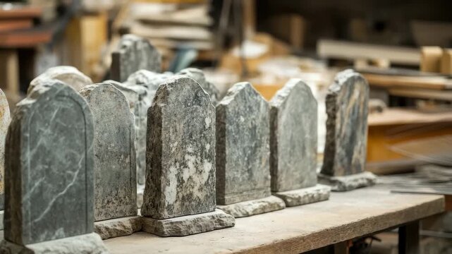 Many small, unfinished marble headstones standing in a row on a dusty wooden workbench