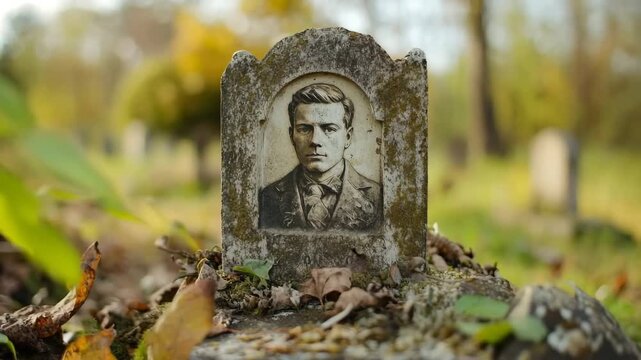 Ancient gravestone with a man's portrait standing among autumn leaves in a historic cemetery