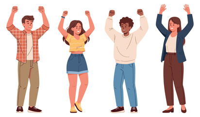 Fototapeta premium Four diverse young adults celebrating with raised arms in casual attire