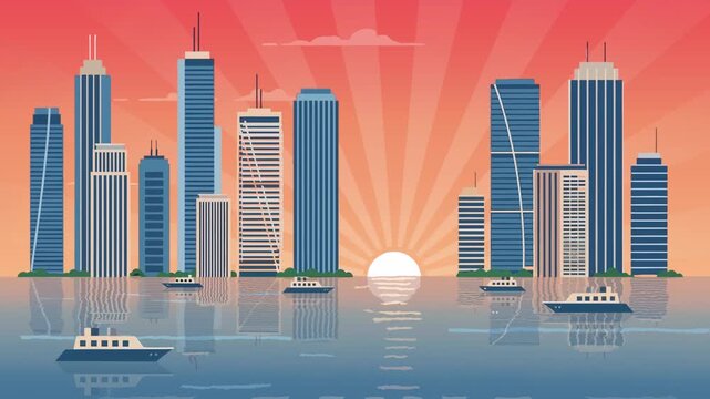 A vibrant vector illustration of a modern city skyline at sunset or sunrise, with tall buildings, water reflections, and boats.