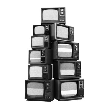 Stack of vintage television sets isolated on white background. Retro TV tower in black and white halftone style. Media, broadcast, technology, nostalgia and mass communication concept.