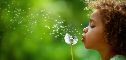 Fototapeta premium The child blowing a dandelion seed head on a sunny green background