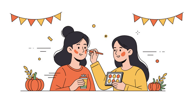 Two asian young females enjoy face painting with autumn decorations