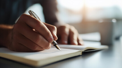 Close-up of hand holding fountain pen while writing thoughtfully inside open notebook on desk.