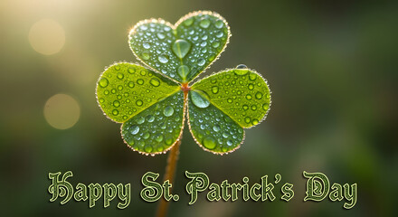 A four-leaf clover with dew drops on St. Patrick's Day