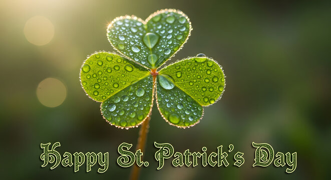 A four-leaf clover with dew drops on St. Patrick's Day