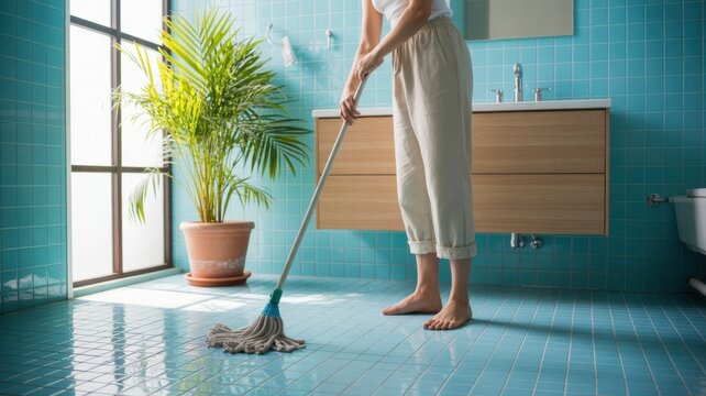 Person mopping light blue tiles in a bright bathroom with wooden cabinets and plants