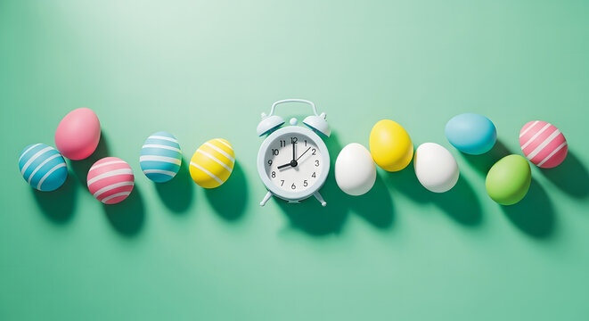 Easter eggs and alarm clock on green background symbolizing easter morning