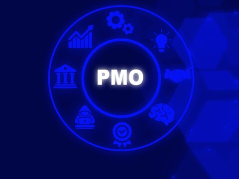 PMO Project manager office concept responsible for standardizing and overseeing project management practices. processes, and methodologies. 4K video showing PMO on virtual icons screen.
