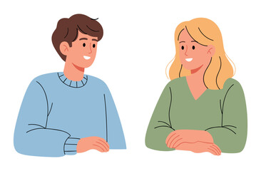 Obraz premium Smiling young caucasian male and female friends engaging in conversation