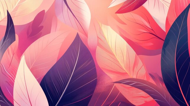 53.Decorative botanical background with abstract leaf shapes, layered transparencies, flat illustration style emphasizing simplicity and elegance