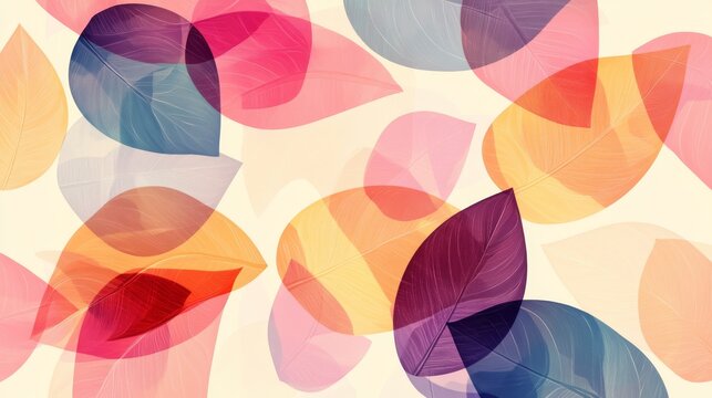 53.Decorative botanical background with abstract leaf shapes, layered transparencies, flat illustration style emphasizing simplicity and elegance