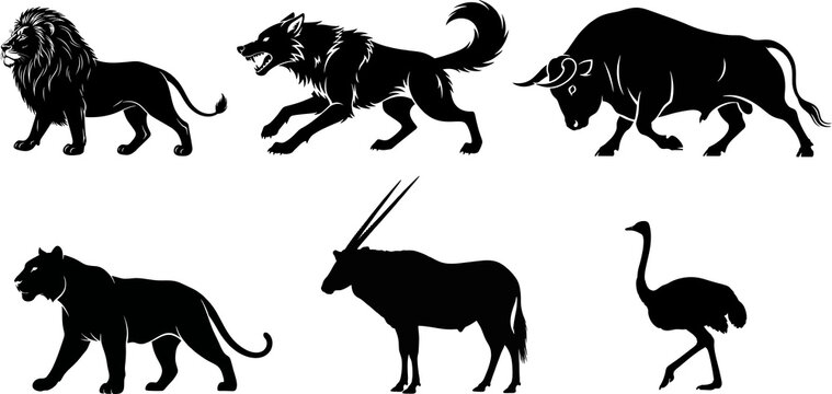 Wild Animal Silhouette illustrations Set Safari Wildlife Clipart Bundle, lion, wolf, bull, panther, ostrich, Oryx Antelope. transparent background png