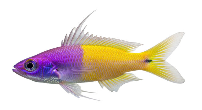 Isolated Royal gramma, fairy basslet, colorful marine fish swimming alone in the ocean