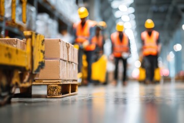Fototapeta premium Workers moving pallets with industrial forklift