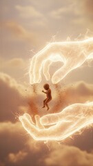 Naklejka premium Divine hands create tiny human embryo from dust and light, symbolizing Gods creation of humankind and life itself. Religious concept.