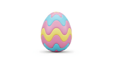 A vibrant Easter egg stands upright, adorned with cheerful blue, pink, and yellow wavy patterns on a clean white background.