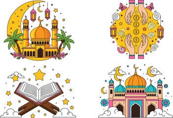 Colorful Islamic Ramadan vector illustration set featuring mosque, Quran, crescent moon, stars, lanterns, and decorative religious elements