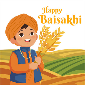 Happy Baisakhi Festival Greeting with Punjabi Boy Holding Wheat in Farm Field Flat Vector Illustration