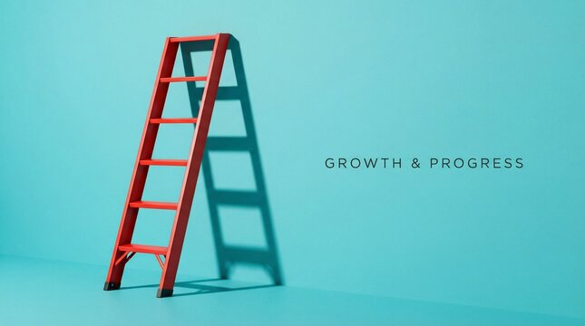 A single red step ladder casts a long, strong shadow against a vibrant turquoise wall next to the words growth and progress.