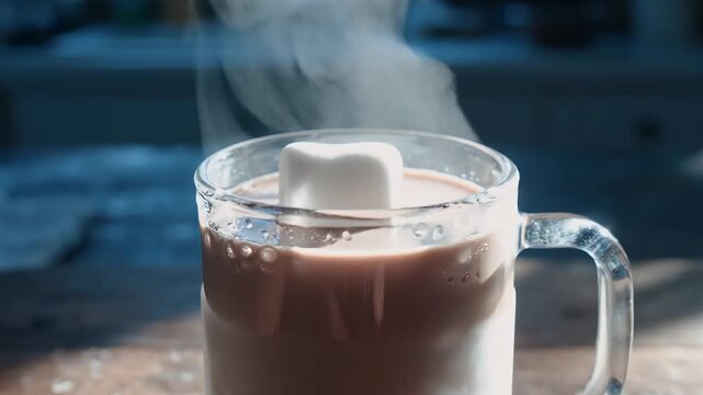 Cozy winter beverage a steaming mug of hot chocolate with a marshmallow floating on top