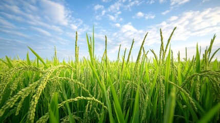 Obraz premium 70.Lush green rice plants standing tall in expansive field, long slender blades swaying lightly in the breeze, unripe grains forming along vibrant stalks, bright daylight casting soft highlights,