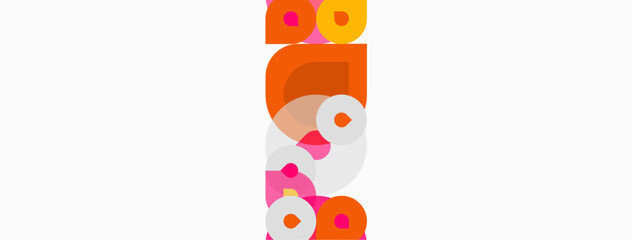 Abstract composition featuring overlapping circles, rectangles, soft pinks, oranges, whites. Minimalist design, clean lines, modern aesthetic.