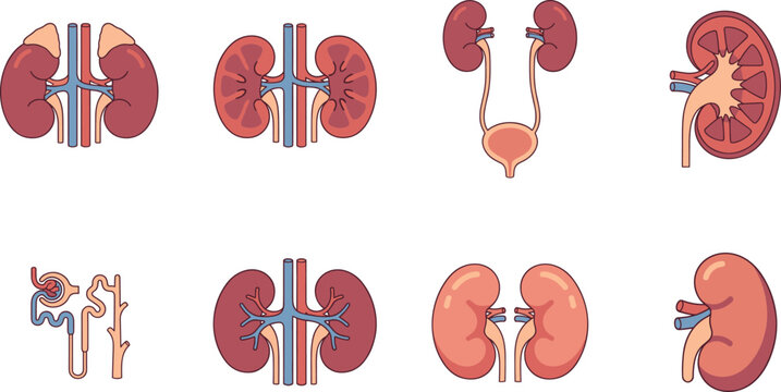 Human kidney anatomy vector set with urinary system organs nephron structure and medical illustration for healthcare education and biology design.