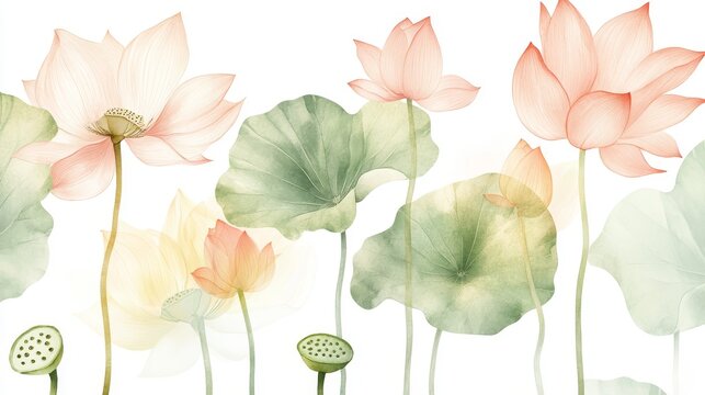 4.Elegant lotus collection in soft watercolor style, showcasing detailed petals with translucent shading, lotus pods, and leaf shapes arranged cleanly on a white backdrop
