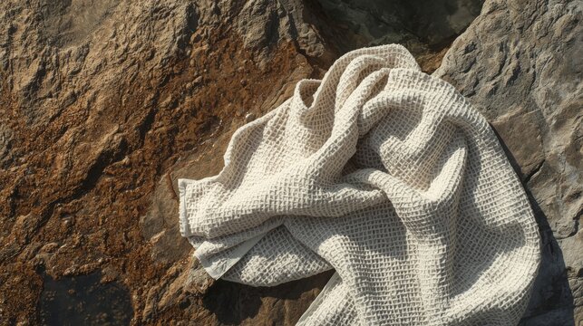 Waffle cotton robe on sun baked rock with damp patches