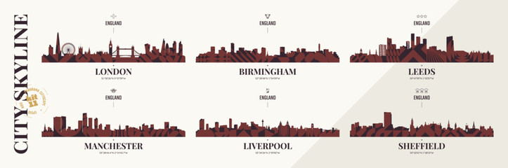 City skyline silhouettes London, Birmingham, Leeds, Manchester, Liverpool, Sheffield, Detail urban cityscape, Panoramas of English cityscape horizon with abstract brutalism geometric pattern, kit 10