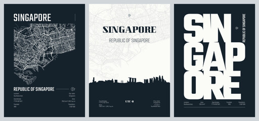 Detailed urban street plan city map Singapore the Republic of Singapore, is an island country and city-state in Southeast Asia, Vector set of travel posters, Silhouette city skyline artwork, set 2