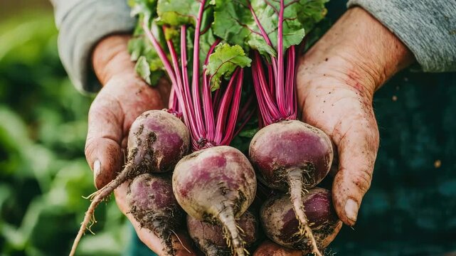 freshly picked beets in hands. Selective focus