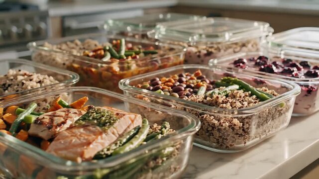 Healthy Meal Prep Ideas: Nutritious Salmon, Quinoa, and Roasted Vegetables in Glass Containers for Weekly Diet Success