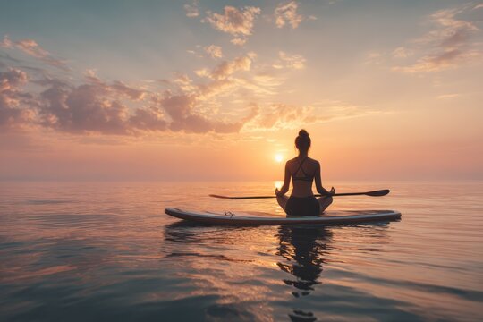 Woman practicing yoga on sea paddleboard