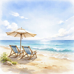 Fototapeta premium Minimalist Beach Watercolor Illustration with Copy Space