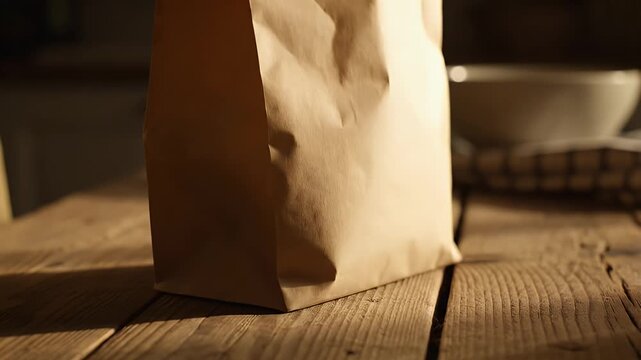 Brown paper bag filled with flour on a rustic wooden table, showcasing a home baking concept