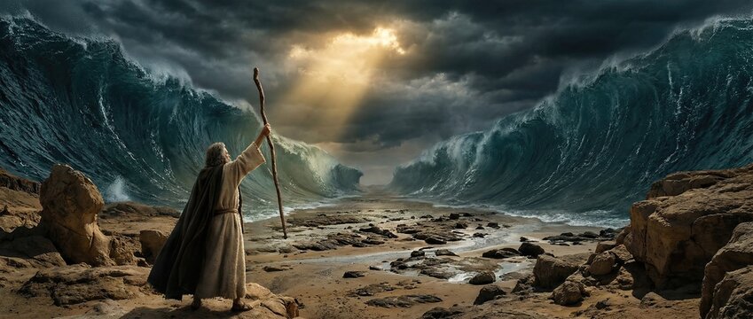 Man, Moses, with staff parting Red Sea, Yam Suph, in Book of Exodus. Ancient biblical story and divine miracle for religious concept. Banner with copy space