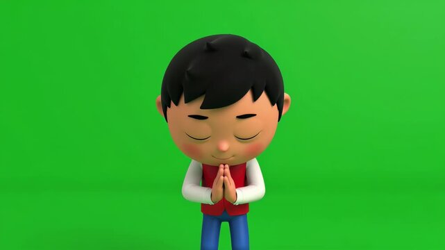 Animated boy cartoon character praying with green screen background for chroma key compositing and motion graphics design projects