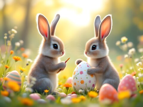 Primavera e pasqua: coniglietti in un prato fiorito con  uova decorate 
