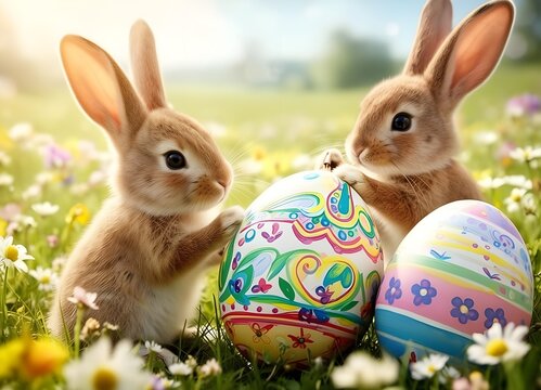 Primavera e pasqua: coniglietti in un prato fiorito con  uova decorate 