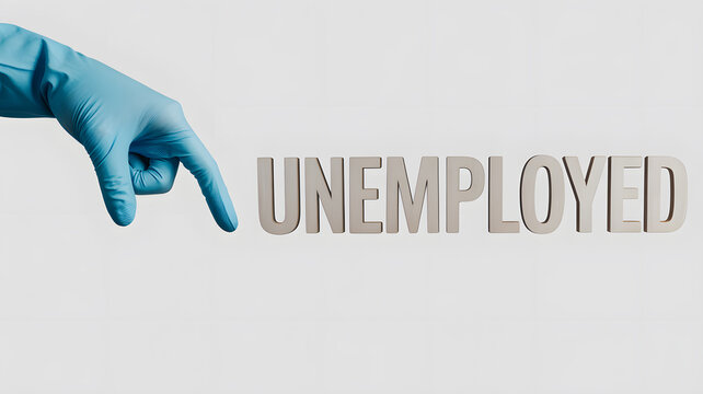 A gloved hand pointing to the word unemployed on a plain background