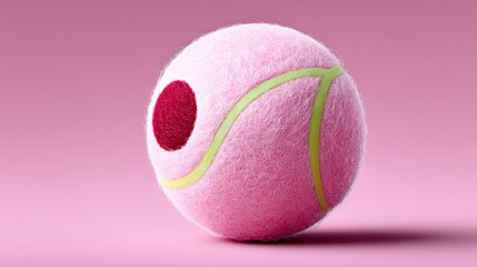 Pink tennis ball with distinctive markings on a soft surface, featuring a fuzzy texture and vibrant colors against a smooth pink background