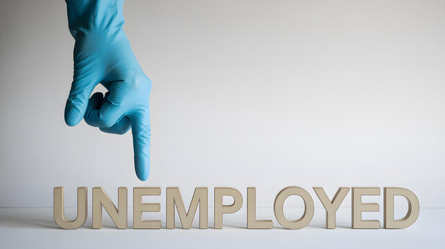 A gloved hand pointing to the word unemployed on a white surface