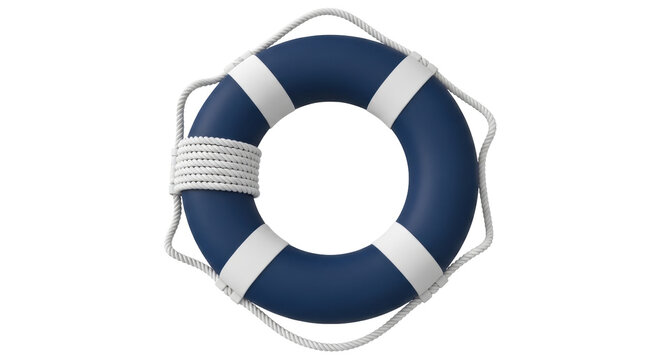 Isolated blue lifebuoy with white stripes and rope, a realistic maritime safety equipment