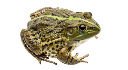 Fototapeta premium Isolated Bullfrog amphibian with green and brown coloration and markings, close-up view