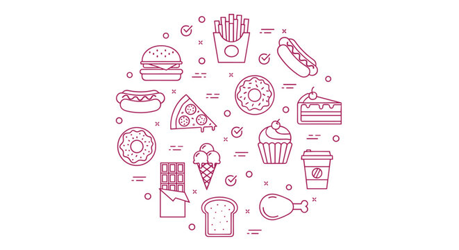A minimalist vector graphic illustration of various food icons in a circular pattern