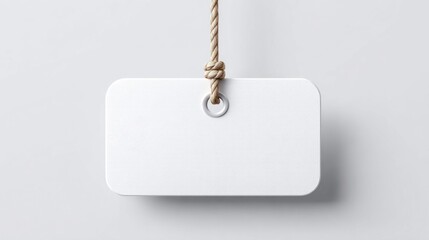 Fototapeta premium Blank white tag hanging by a rope with a knot and metal grommet on a light background