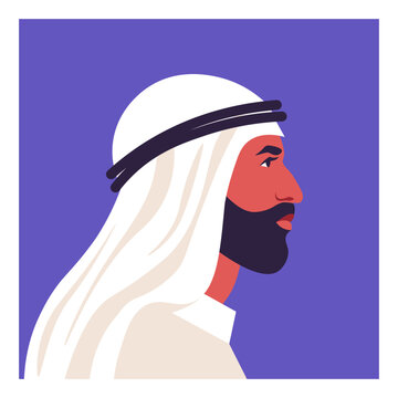 Modern vector portrait of a Middle Eastern Arab man in profile view, wearing traditional clothing including a keffiyeh and agal. Minimalist illustration with a dark beard and a purple background 